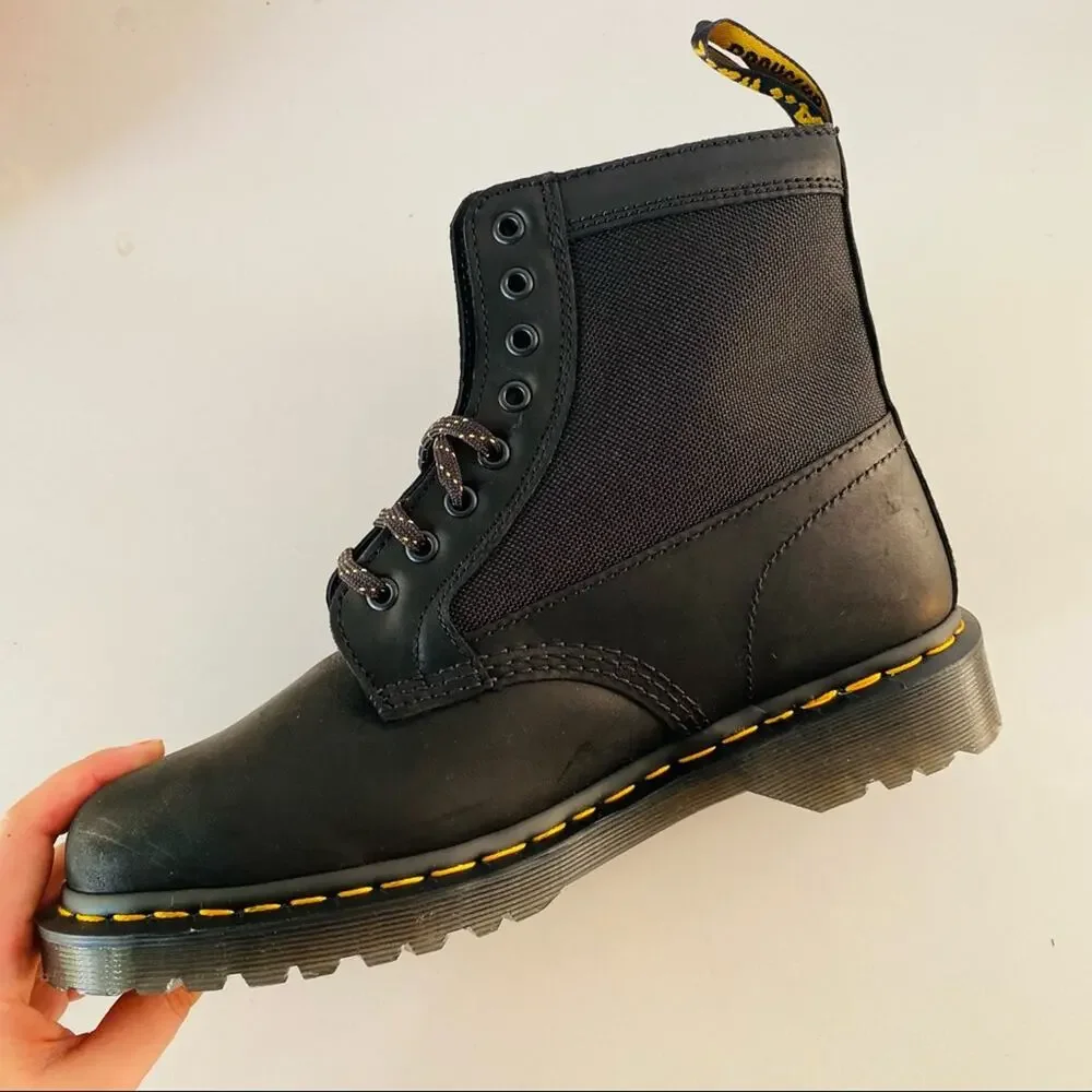 NEW DR DOC MARTENS Black Leather Canvas Panel Inset Lace Up Combat Ankle Boot 9